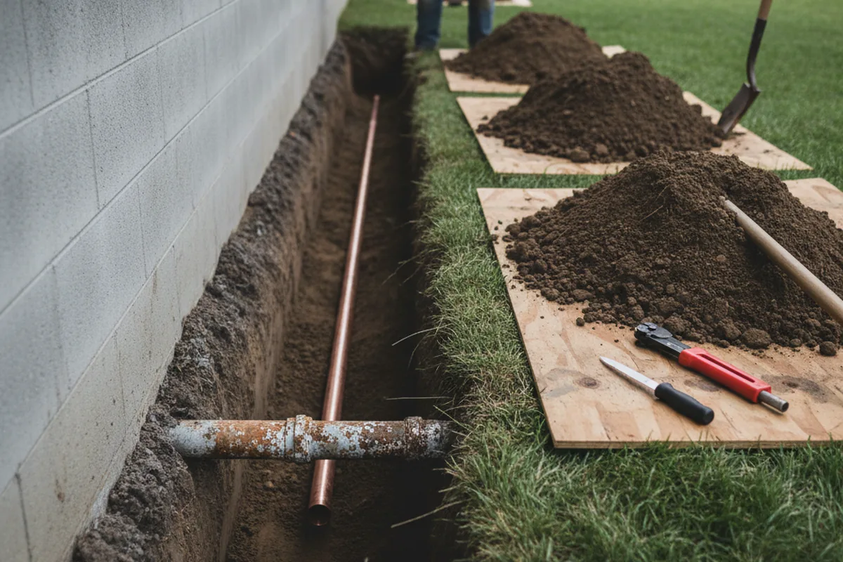 Excavated water line trench during Water Heater Repair in Topock